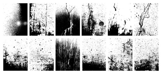 Street and urban textures with effect grunge, grain, spray, crack. Vector Overlay texture stamps. Old, vintage with grain and noise. Template stamps with various effects. Abstract background template