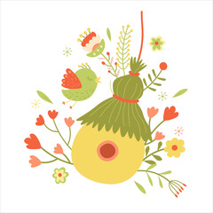 Obraz na płótnie Canvas Cartoon yellow birdhouse with flying green bird and flowers around. For spring Easter post card or illustrations