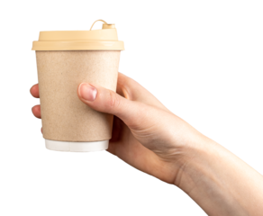 Hand holding take-away paper kraft cup, coffee mug closed with lid. Takeaway drink isolated on white