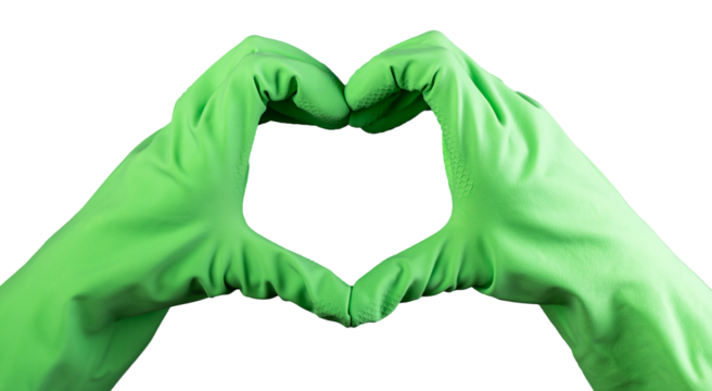 Heart-shaped hands, gesture of cleaner in green rubber gloves. Love for cleaning concept. Isolated on white