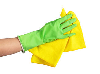 Hand in glove wiping, cleaning, polishing with microfiber cloth isolated on white