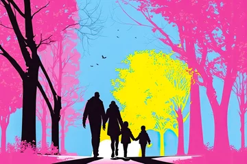  Pink, yellow, and blue vector silhouette illustration of a family with children, mother and father, enjoying a walk in the park at the weekend with blooming spring trees, generative ai duotone pop art © MBL