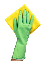 Wiping with yellow fiber cloth. Hand in glove with wiper, duster isolated on white background