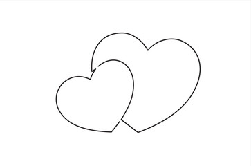 Continuous one line drawing of Two hearts from one black line. Picture for decoration of festive illustrations for the holiday of all lovers.