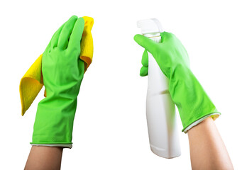 Hand holding fiber cloth and sprayer, detergent bottle for cleaning, isolated on white background