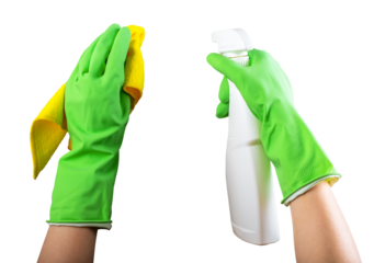 Hand holding fiber cloth and sprayer, detergent bottle for cleaning, isolated on white background