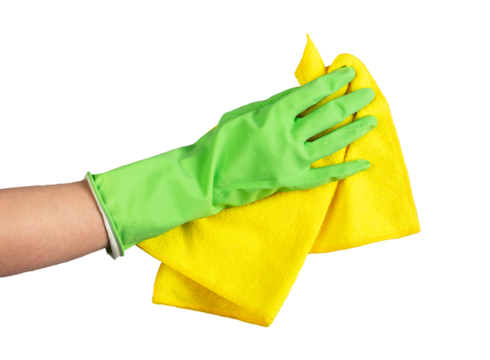 Hand in glove wiping, cleaning, polishing with microfiber cloth isolated on white