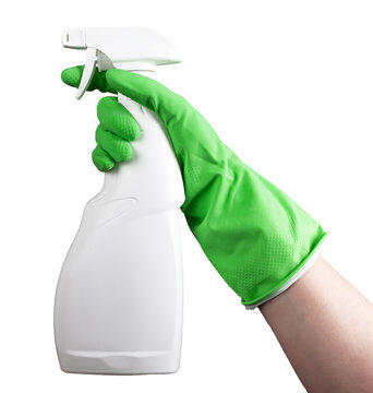 Hand in green glove holding spray bottle mockup, liquid chemical in blank package mock up isolated on white background