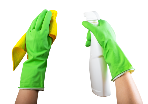 Hand holding fiber cloth and sprayer, detergent bottle for cleaning, isolated on white background