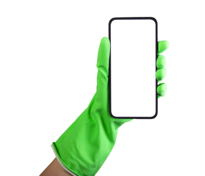 Cleaners hand in rubber glove holding mobile phone mockup, screen frame, smartphone mock up isolated on white background