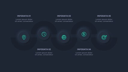Neumorphic flowchart dark iinfographic. Creative concept for infographic with 5 steps, options, parts or processes.