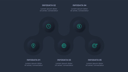 Neumorphic flowchart dark iinfographic. Creative concept for infographic with 5 steps, options, parts or processes.