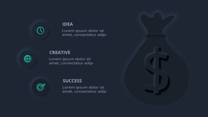 Neumorphic flowchart dark iinfographic. Creative concept for infographic with 3 steps, options, parts or processes.