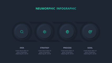 Neumorphic flowchart dark iinfographic. Creative concept for infographic with 4 steps, options, parts or processes.