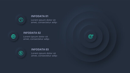 Neumorphic flowchart dark iinfographic. Creative concept for infographic with 3 steps, options, parts or processes.