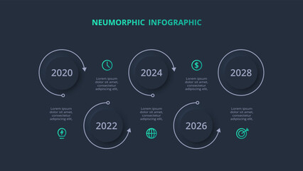 Neumorphic flowchart dark iinfographic. Creative concept for infographic with 5 steps, options, parts or processes.