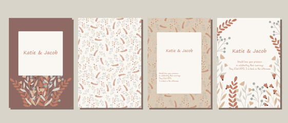 A set of postcards. Wedding invitation. Leaves and flowers in delicate colors