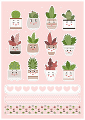 Kawaii flower pot stickers set, cute kawaii cactus stickers, kawaii plant spring set, indoor plant, home garden, gardening, plant blinds, indoor plant shop concept, greenhouse