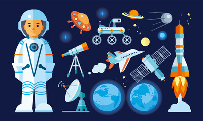 Set of various space exploration elements: spacecraft, space satellite, orbital station, saturn, earth, astronaut, rocket, rover, locator, telescope, moon, star, alien ship. Flat isolated illustration © Vera