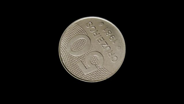 Reverse of Brazil coin 50 cruzeiros 1981, isolated in black background. Close up view.