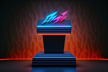 Illustration of a neon laser fluorescent sci-fi light shining on concrete in a dark space with abstract backdrops and a bare podium on show for a sale or amusement ad. Generative AI - obrazy, fototapety, plakaty
