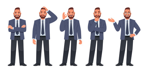 Bearded man in a jacket, trousers, shirt and tie stands in different poses. Man in full growth character set. A businessman stands with his arms crossed, thinks about something, shows an OK sign