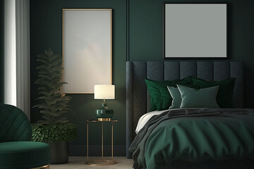 Premium Green and Gray Bedroom Mockup Frame in a Hotel or House with Large Bed and Emerald Blank Wall. Ai Generative