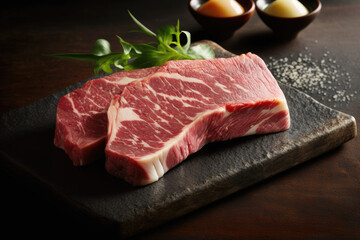 Fototapeta premium Grilled japanese wagyu sirloin steak. Raw dry aged wagyu entrecote beef steak roast as close up on cutting board. generative AI illustration.