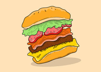 Hamburger with beef bacon salad tomatoes and cheddar cartoon illustration