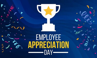 Employee Appreciation Day design with trophy and colorful confetti