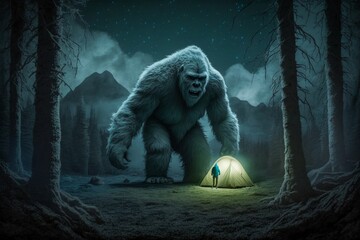 Sasquatch bigfoot yeti stands over a tourist tent. Fear of spending the night outdoors concept. Fear of the dark, anxiety due to the fear of meeting fictional monsters - obrazy, fototapety, plakaty