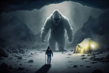 Sasquatch bigfoot yeti stands over a tourist tent. Fear of spending the night outdoors concept. Fear of the dark, anxiety due to the fear of meeting fictional monsters - obrazy, fototapety, plakaty