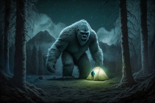 Sasquatch bigfoot yeti stands over a tourist tent. Fear of spending the night outdoors concept. Fear of the dark, anxiety due to the fear of meeting fictional monsters