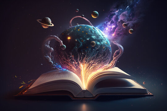 A surreal scene of a book floating in space with a brain-shaped planet in the background, surrounded by shooting stars and a galaxy Generative AI