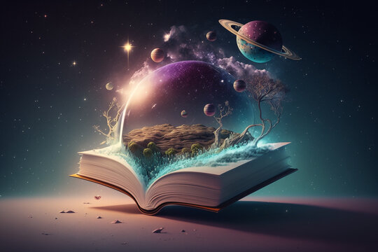 A surreal scene of a book floating in space with a brain-shaped planet in the background, surrounded by shooting stars and a galaxy Generative AI