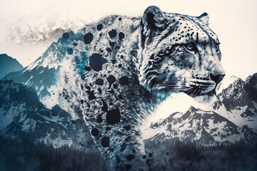 Double exposure of snow leopard and snowy mountains.  - obrazy, fototapety, plakaty