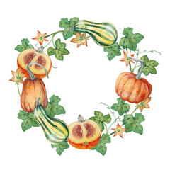 Pumpkins. Wreath of orange and striped pumpkins, leaves, flowers on a white background. All elements are hand painted in watercolor. Suitable for printing on fabric, invitations, postcards.