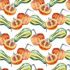 Seamless pattern of orange and striped pumpkins on a white background. All elements are hand painted in watercolor. Suitable for printing on fabric, invitations, postcards and for decoration.