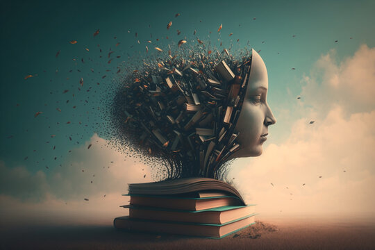 A surreal, dreamlike scene of a book sprouting from the head of a person, who is surrounded by a swarm of other books and creative concepts Generative AI