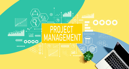 Project management theme with a laptop computer on a yellow, green and blue pattern background