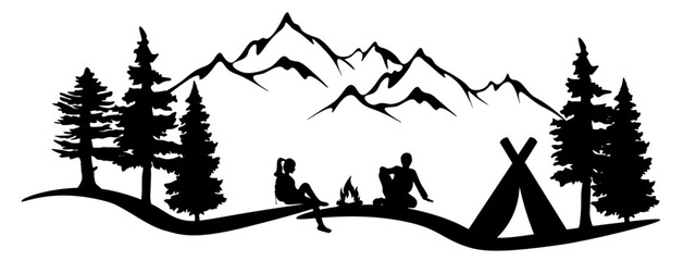 Camping landscape panorama illustration icon vector for logo - Black silhouette of wildlife mountains, forest fir trees, tent, woman, man and  campfire, isolated on white background