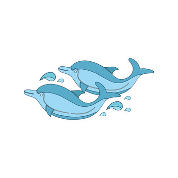 Two dolphins on the waves. Vector in sketch style.