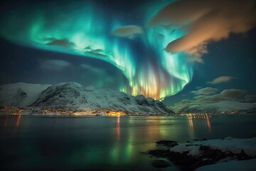 Fototapeta na wymiar Norway's winter landscape is a beautiful natural backdrop, highlighted by the green Northern Lights dancing above the mountains in a stunning display of natural beauty 55