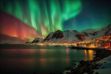 Obraz na płótnie Canvas Norway's winter landscape is a beautiful natural backdrop, highlighted by the green Northern Lights dancing above the mountains in a stunning display of natural beauty 52