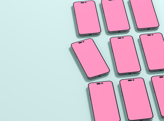 Realistic smartphones grid mockup for application and mobile website design presentation. 3D render