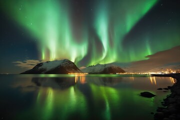 Fototapeta na wymiar Norway's winter landscape is a beautiful natural backdrop, highlighted by the green Northern Lights dancing above the mountains in a stunning display of natural beauty 32