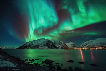 Fototapeta na wymiar Norway's winter landscape is a beautiful natural backdrop, highlighted by the green Northern Lights dancing above the mountains in a stunning display of natural beauty 21