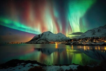 Fototapeta na wymiar Norway's winter landscape is a beautiful natural backdrop, highlighted by the green Northern Lights dancing above the mountains in a stunning display of natural beauty 20