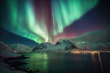 Fototapeta na wymiar Norway's winter landscape is a beautiful natural backdrop, highlighted by the green Northern Lights dancing above the mountains in a stunning display of natural beauty 16