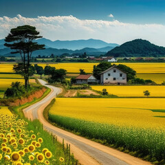 Countryside farm with flowers, made with generative ai